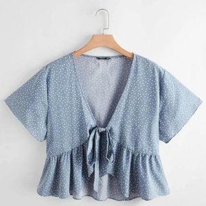 Light Blue Polka Dot Peplum Shirt